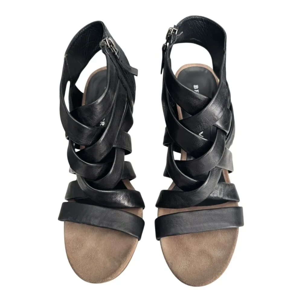 Bruno Premi Shoes Womens US 10/ 41 Black Leather Strappy Heeled Sandals Zip Back
